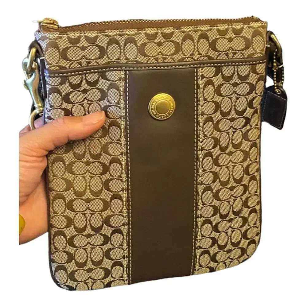 COACH Signature Canvas Leather Camera Crossbody Bag Brown Khaki Y2K Vintage